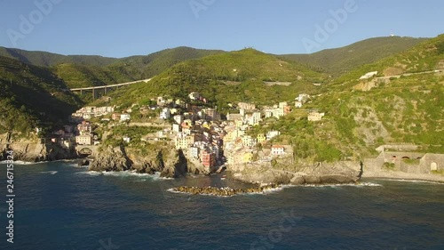 Aerial shot of Riomaggoire along the Italian coast SLIDER RIGHT photo