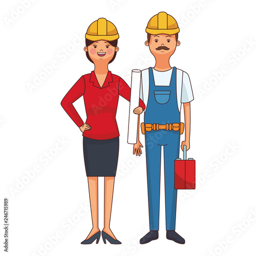 construction builder couple cartoon