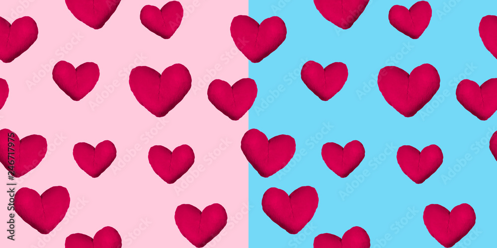 Hearts on blue and light pink background. Print and textile product concept for Valentine's Day. Gift wraping paper. Art collage. A set of two seamless patterns.