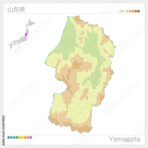 山形県の地図（等高線・色分け）