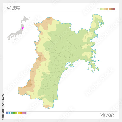 宮城県の地図（等高線・色分け）
