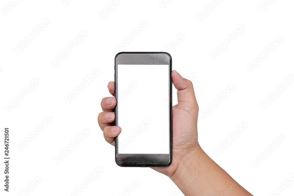 hand holding smartphone mobile and touching screen isolated on white background, cliping path inside hand holding smartphone mobile and touching screen isolated on white background, cliping path inside