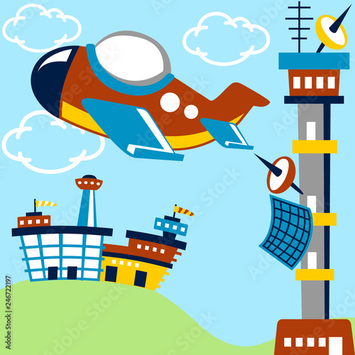 airplane cartoon take off from airport
