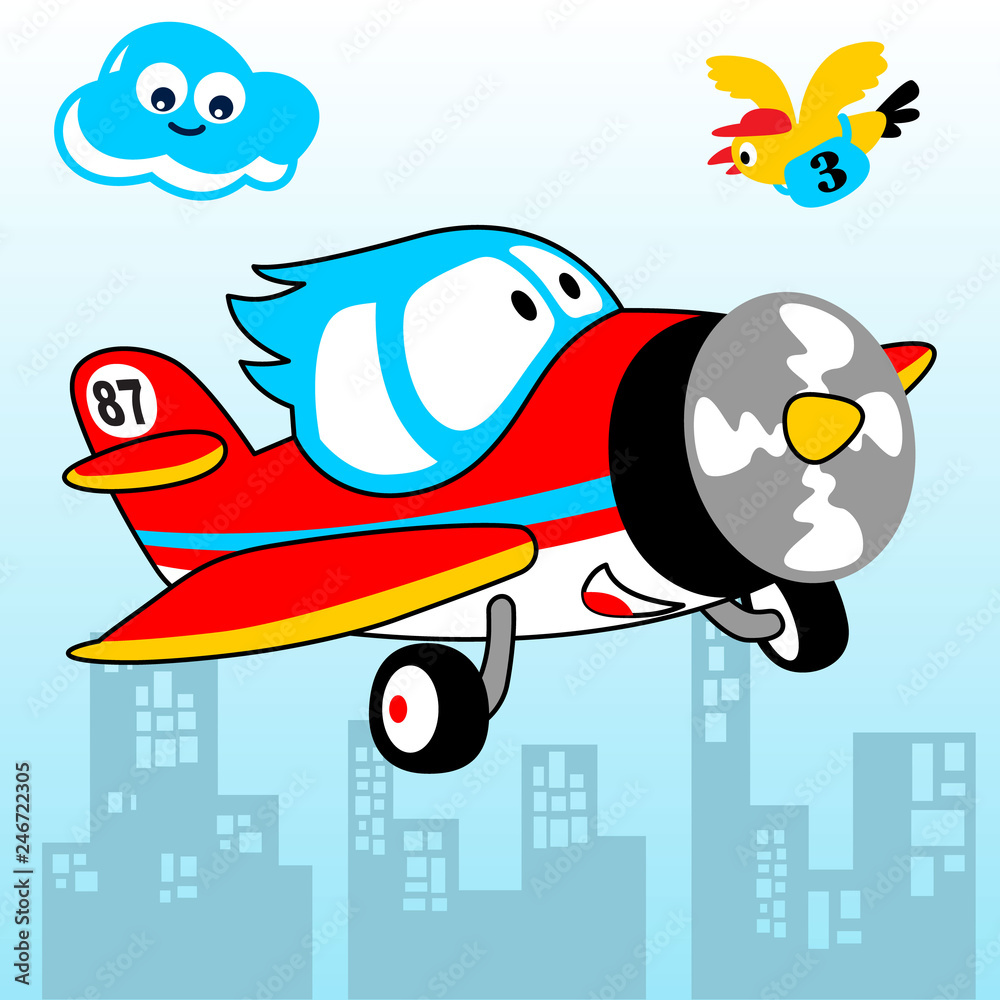 Happy plane cartoon with little bird Stock Vector | Adobe Stock
