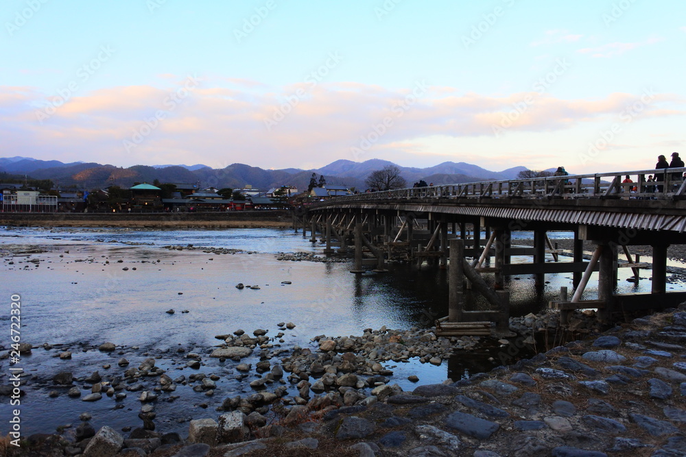 the beautiful river view with a bridge in Arashiyama, Kyoto, Japan