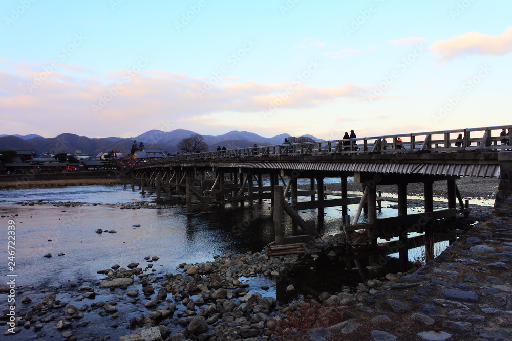 the beautiful river view with a bridge in Arashiyama, Kyoto, Japan