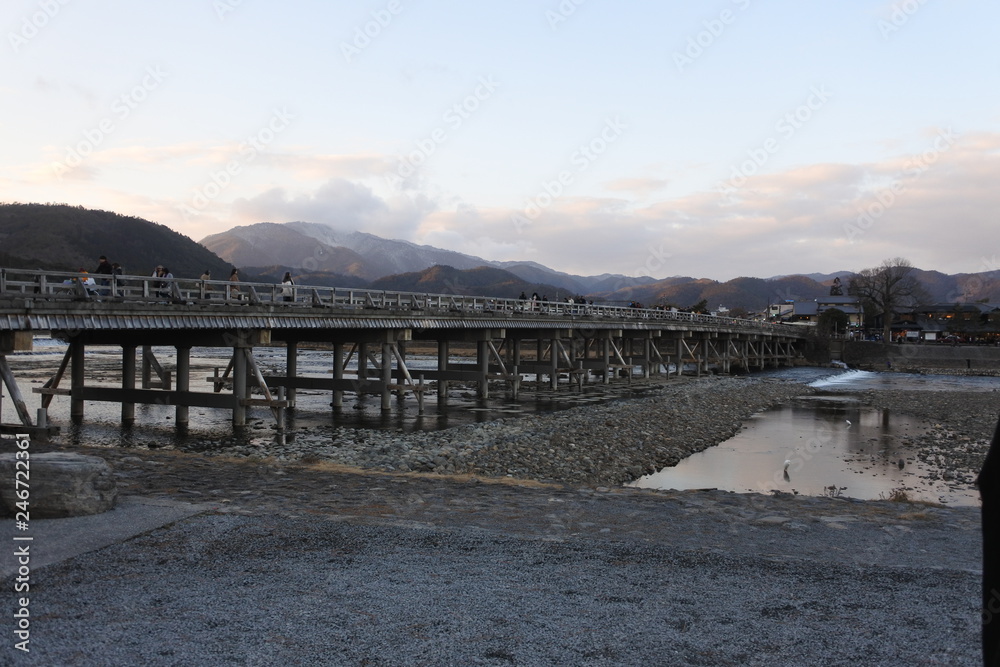 the beautiful river view with a bridge in Arashiyama, Kyoto, Japan