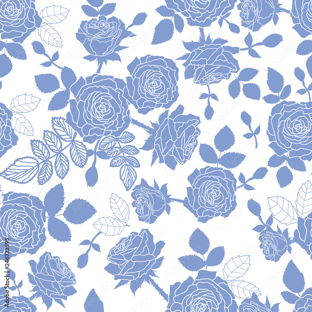 Seamless floral pattern with roses silhouette blue colored 