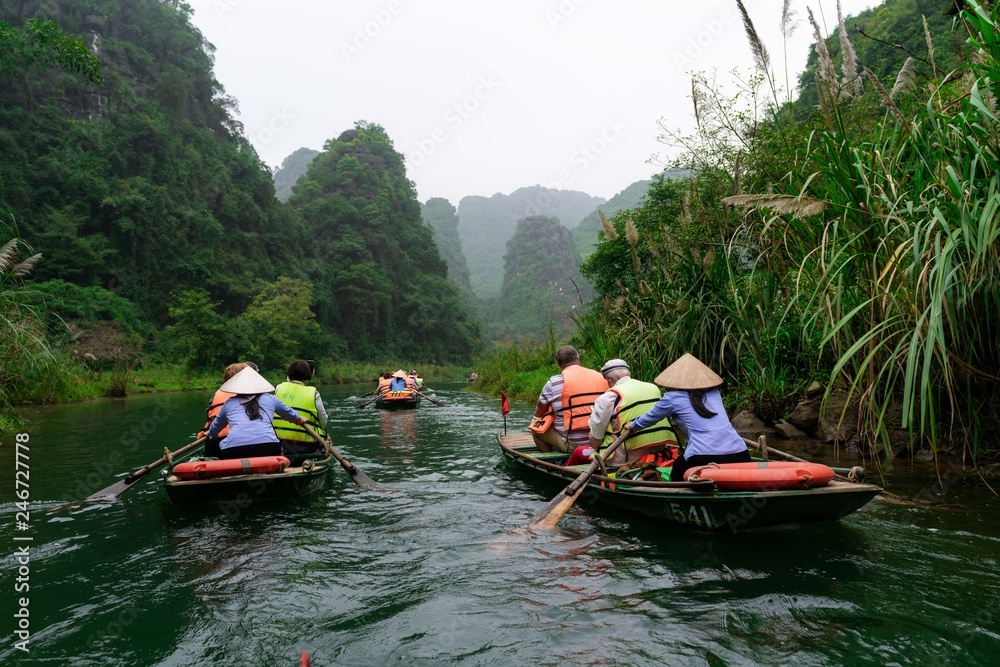 Fototapeta premium Beautiful landscape with rocks and rice fields in Ninh Binh and Tam Coc in Vietnam.