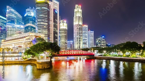 Singapore - August 23, 2017: Merlion fountain in front of financial buildings and tourism at downtown of Singapore.