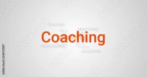 Video Animation showing coaching services (e.g. learning, teaching, mentoring). Gray background, orange text. Tag Cloud