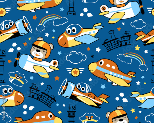 seamless pattern vector of planes cartoon with funny pilot