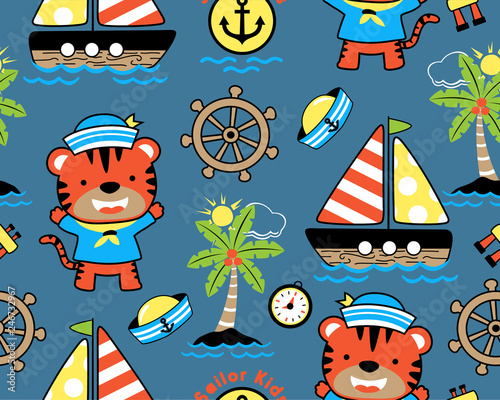 seamless pattern vector of tiger cartoon the sailor with sailing equipment