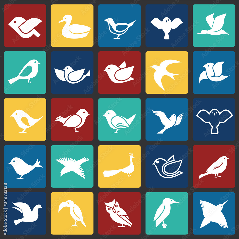 Bird icons set on color squares background for graphic and web design, Modern simple vector sign. Internet concept. Trendy symbol for website design web button or mobile app