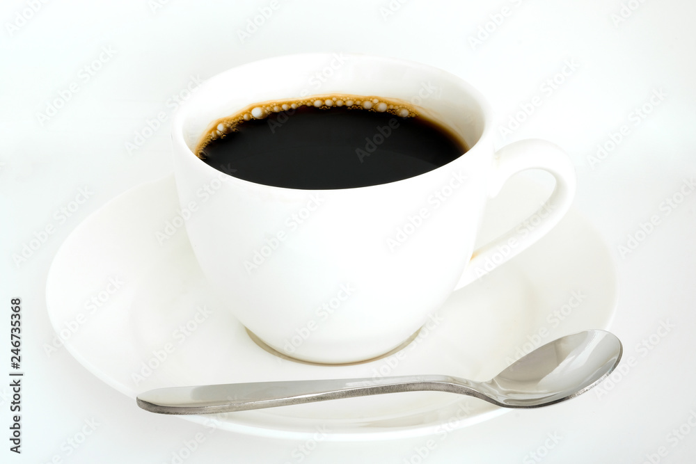 Hot black coffee in white glass and spoon on isolated white background .Food concepts and Lifestyle Hot black coffee in white glass and spoon on isolated white background .Food concepts and Lifestyle