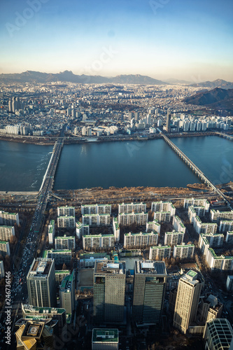 Canvas Print Aerial view cityscape of Seoul, South Korea