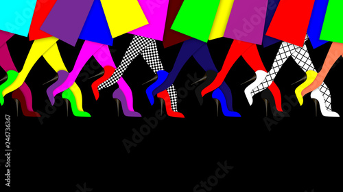 Womens legs in high-heeled shoes, closeup on black background. Festive or seasonal sale banner, background, wallpaper, poster with place for text. Vector illustration.