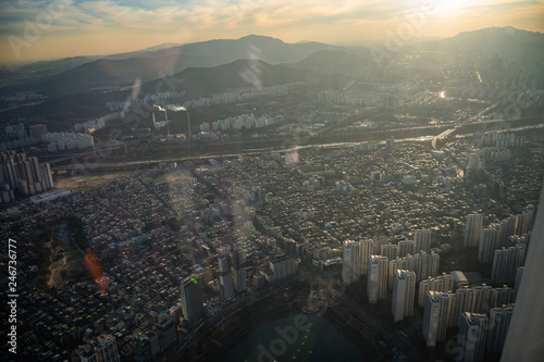Photography Aerial view cityscape of Seoul, South Korea