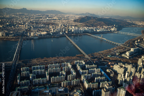 Canvas Print Aerial view cityscape of Seoul, South Korea