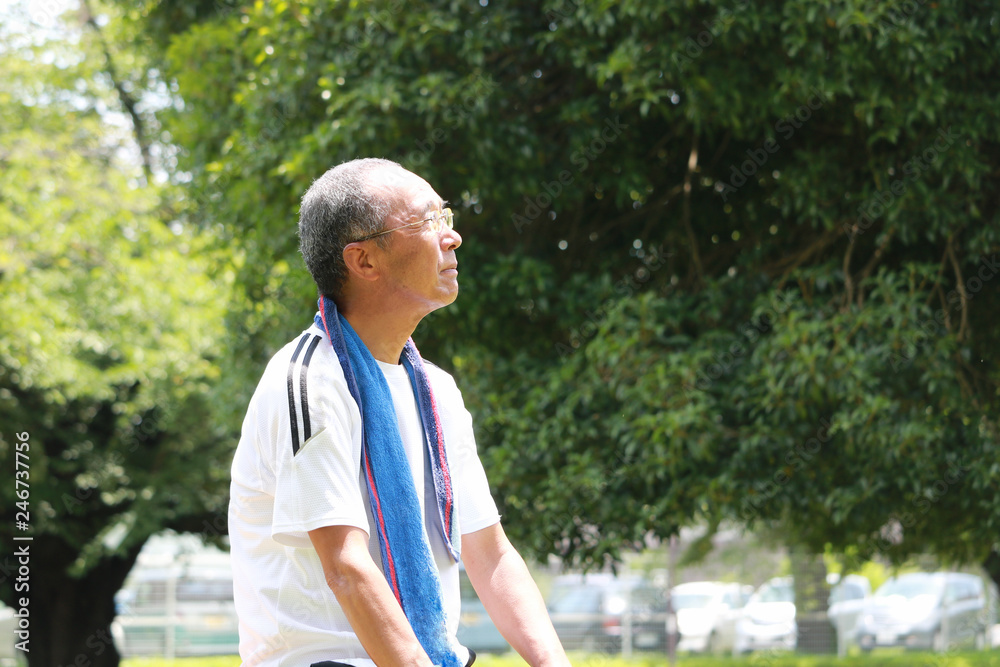 公園で休憩するシニア 公園で休憩するシニア