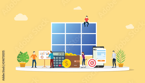 solar panel energy business electric saving financial alternative efficient for cheaper solutions with team people work together - vector