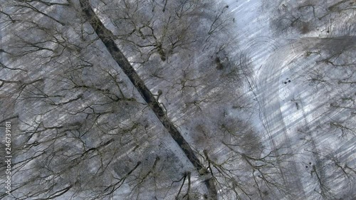 Flying Above White Winter Forest Road, Top View Winter Drone Aerial photo
