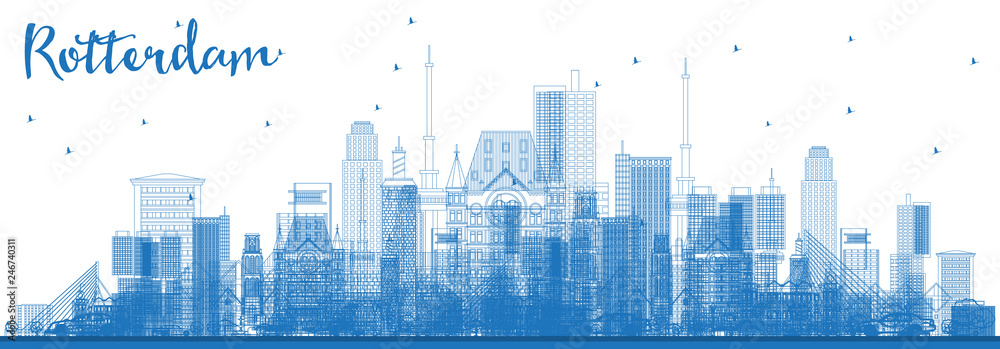 Outline Rotterdam Netherlands Skyline with Blue Buildings. Outline Rotterdam Netherlands Skyline with Blue Buildings.