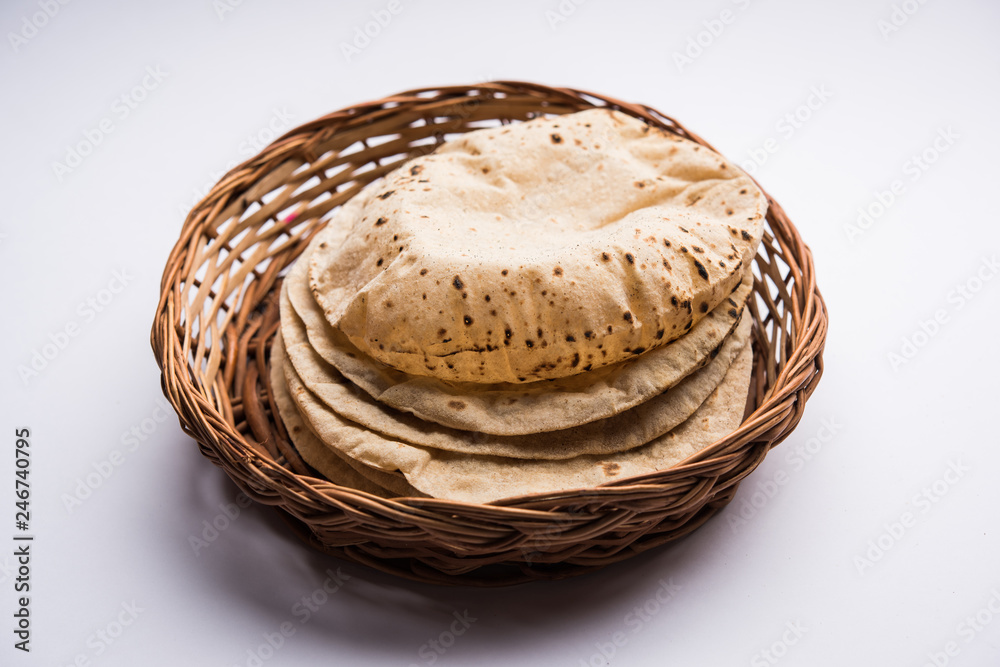 Chapati / Tava Roti also known as Indian bread or Fulka/phulka. Main ingredient of lunch/dinner in India/Pakistan. selective focus
