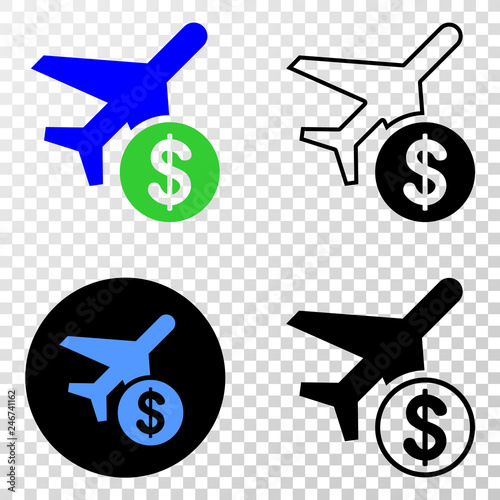 Airplane price EPS vector icon with contour, black and colored versions. Illustration style is flat iconic symbol on chess transparent background.