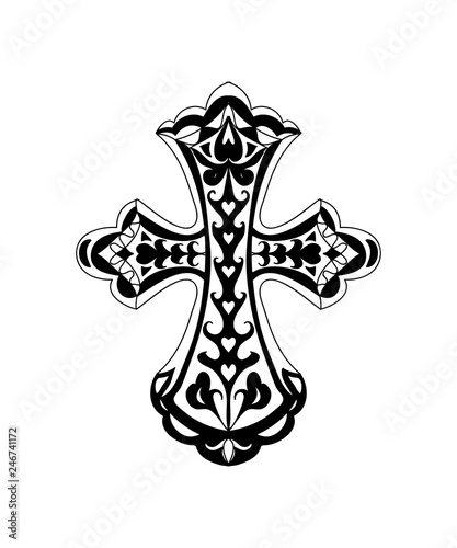 Abstract cross religion sign with mandala elements isolated on white
