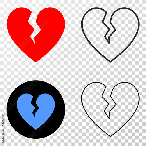 Broken heart EPS vector icon with contour, black and colored versions. Illustration style is flat iconic symbol on chess transparent background.