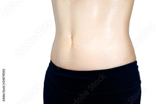 Beautiful body slim woman's abdomen, exercise, sweat, white background. Health and beauty concepts
