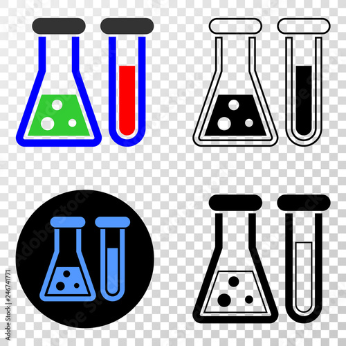 Chemical glassware EPS vector icon with contour, black and colored versions. Illustration style is flat iconic symbol on chess transparent background.