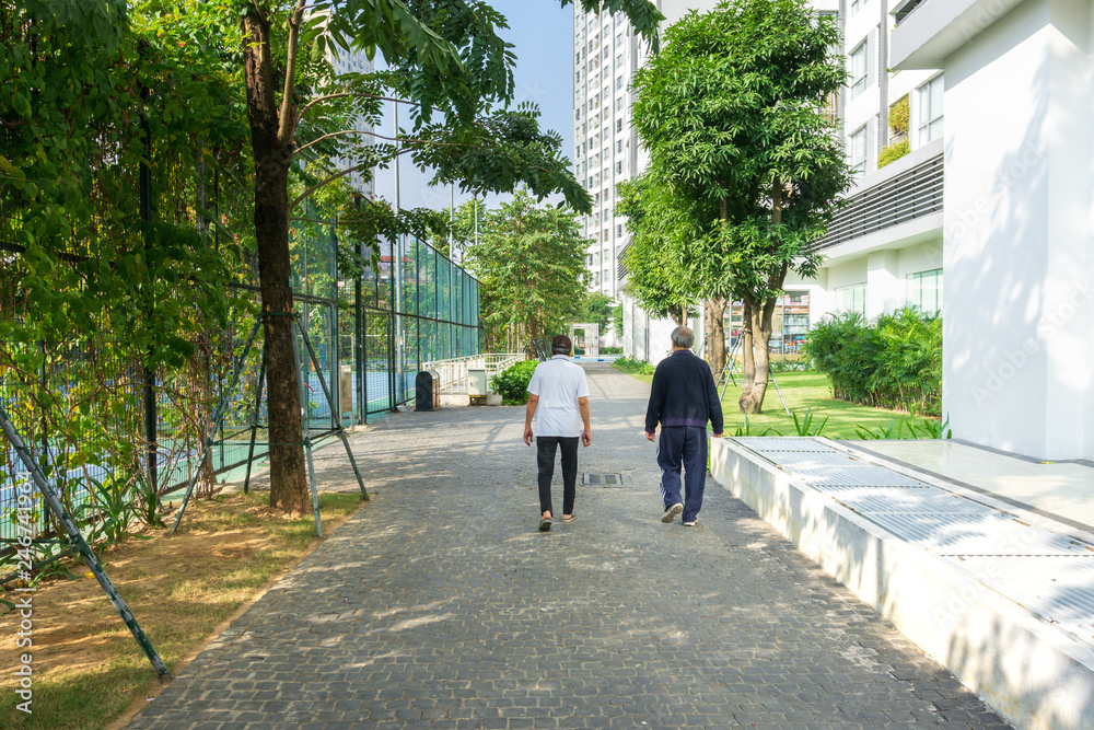 Urban walking road among green trees inside modern apartment building area in big city