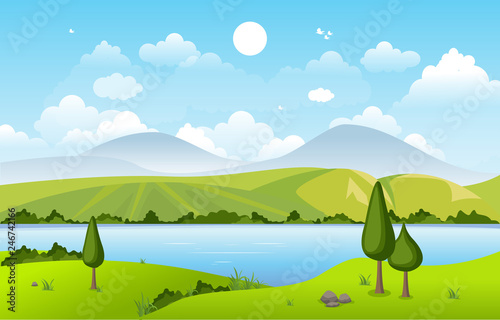 Mountains Hills Lake Green Nature Landscape Sky