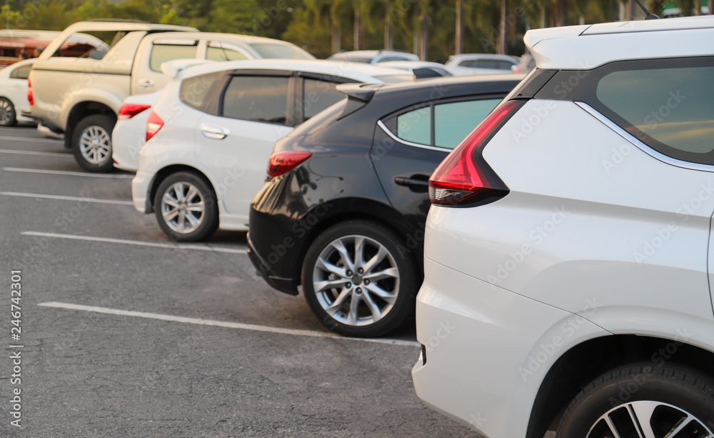 Closeup of back or rear side of white car and other cars parking in parking area with natural background in the evening of sunny day. 