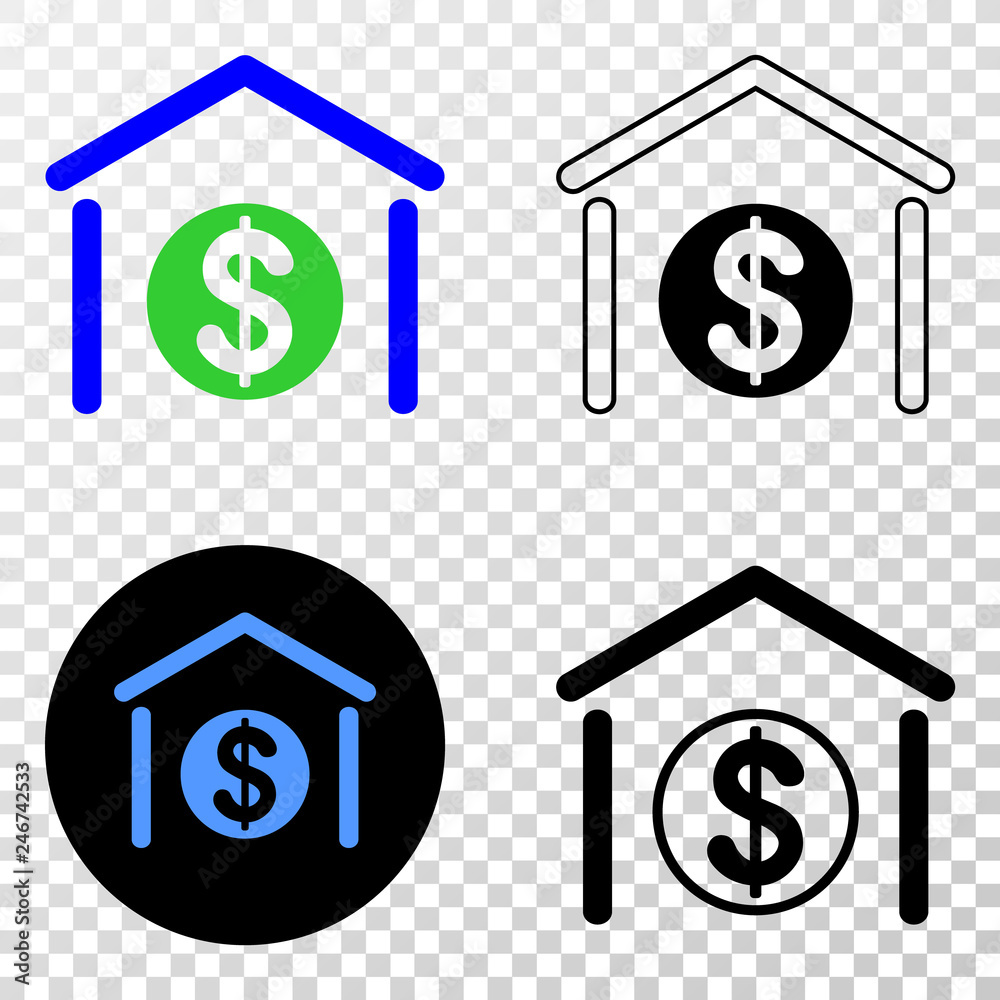 Dollar garage bank EPS vector pictogram with contour, black and colored versions. Illustration style is flat iconic symbol on chess transparent background. Dollar garage bank EPS vector pictogram with contour, black and colored versions. Illustration style is flat iconic symbol on chess transparent background.