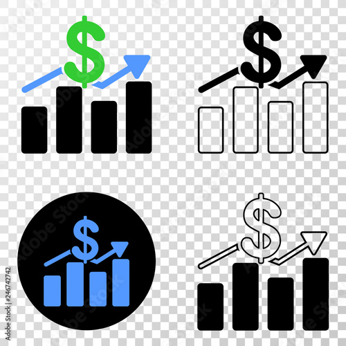 Dollar trends EPS vector pictograph with contour, black and colored versions. Illustration style is flat iconic symbol on chess transparent background.