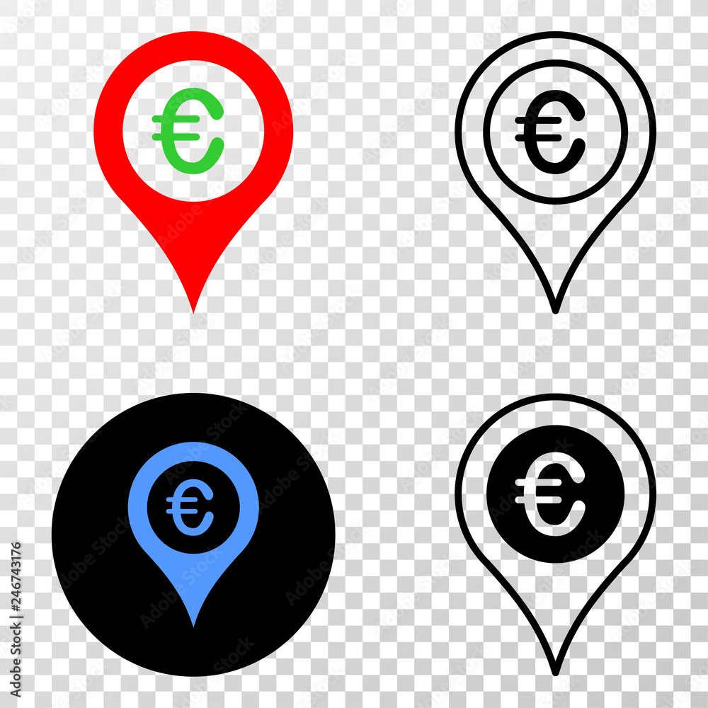 Euro map marker EPS vector icon with contour, black and colored versions. Illustration style is flat iconic symbol on chess transparent background. Euro map marker EPS vector icon with contour, black and colored versions. Illustration style is flat iconic symbol on chess transparent background.