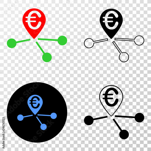 Euro location links EPS vector pictograph with contour, black and colored versions. Illustration style is flat iconic symbol on chess transparent background.