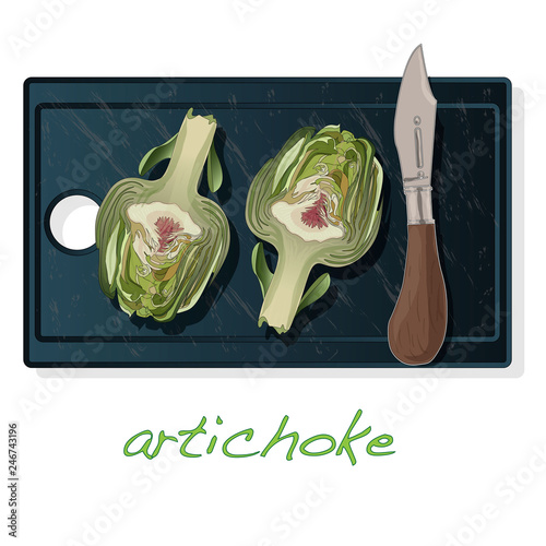 Artichoke on plate vector illustration set. Image isolated on white background.