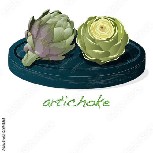 Artichoke on plate vector illustration set. Image isolated on white background.