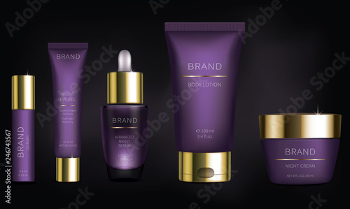 Night cosmetic series for face skin care, realistic vector. Purple cream jar and revitalizing serum, plastic tube with eye gel. Brand design for luxury premium cosmetics isolated on black background