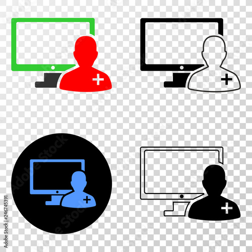 Online doctor EPS vector pictograph with contour, black and colored versions. Illustration style is flat iconic symbol on chess transparent background.