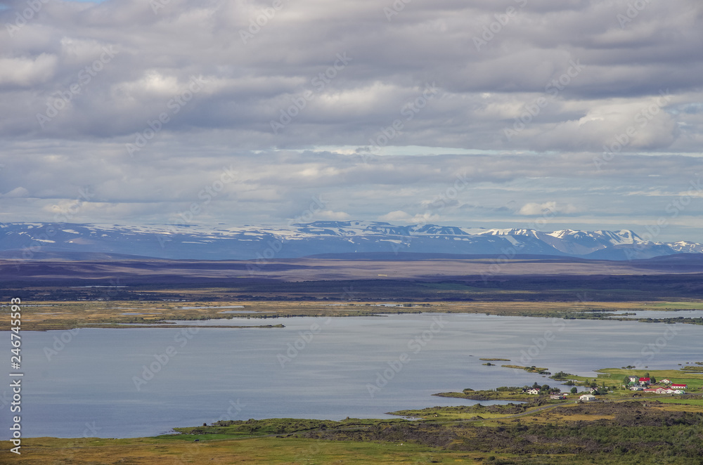 Pseudocraters and valcano mount. Lake Myvatn summer panorama from Hverfjall volcanic crater. Iceland