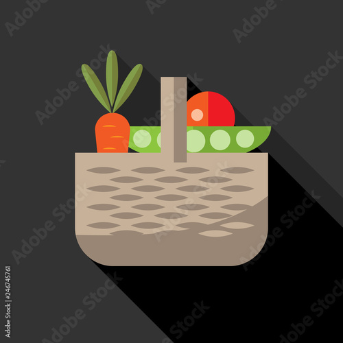 Vegetable basket. Harvest basket with carrot, Tomato, Green Pea plants. Flat style icon