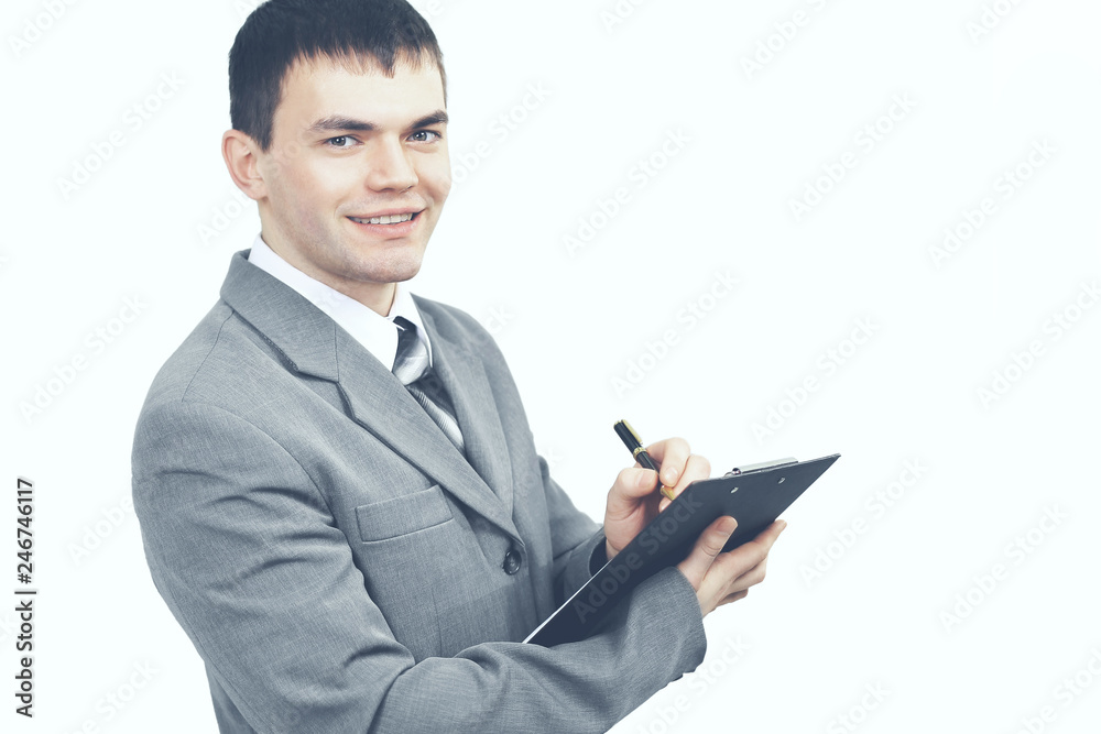 responsible administrator with documents on white background responsible administrator with documents on white background
