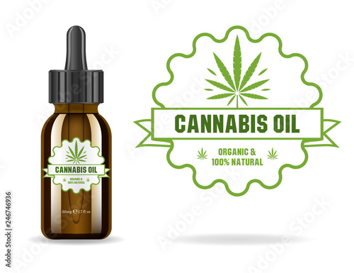Marijuana, cannabis, hemp oil. Realistic brown glass bottle with cannabis extract. Icon product label and logo graphic template. Isolated vector illustration.