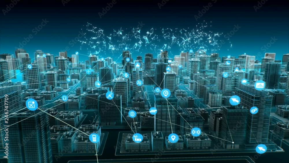 Various smart sensor icon on Smart city, connecting 'Block chain' IoT technology. blue x-ray aerial view. 4k animation. Various smart sensor icon on Smart city, connecting 'Block chain' IoT technology. blue x-ray aerial view. 4k animation.