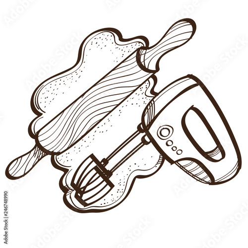 Vector monochrome set of rollout dough with rolling pin and mixer. Illustration isolated on white background